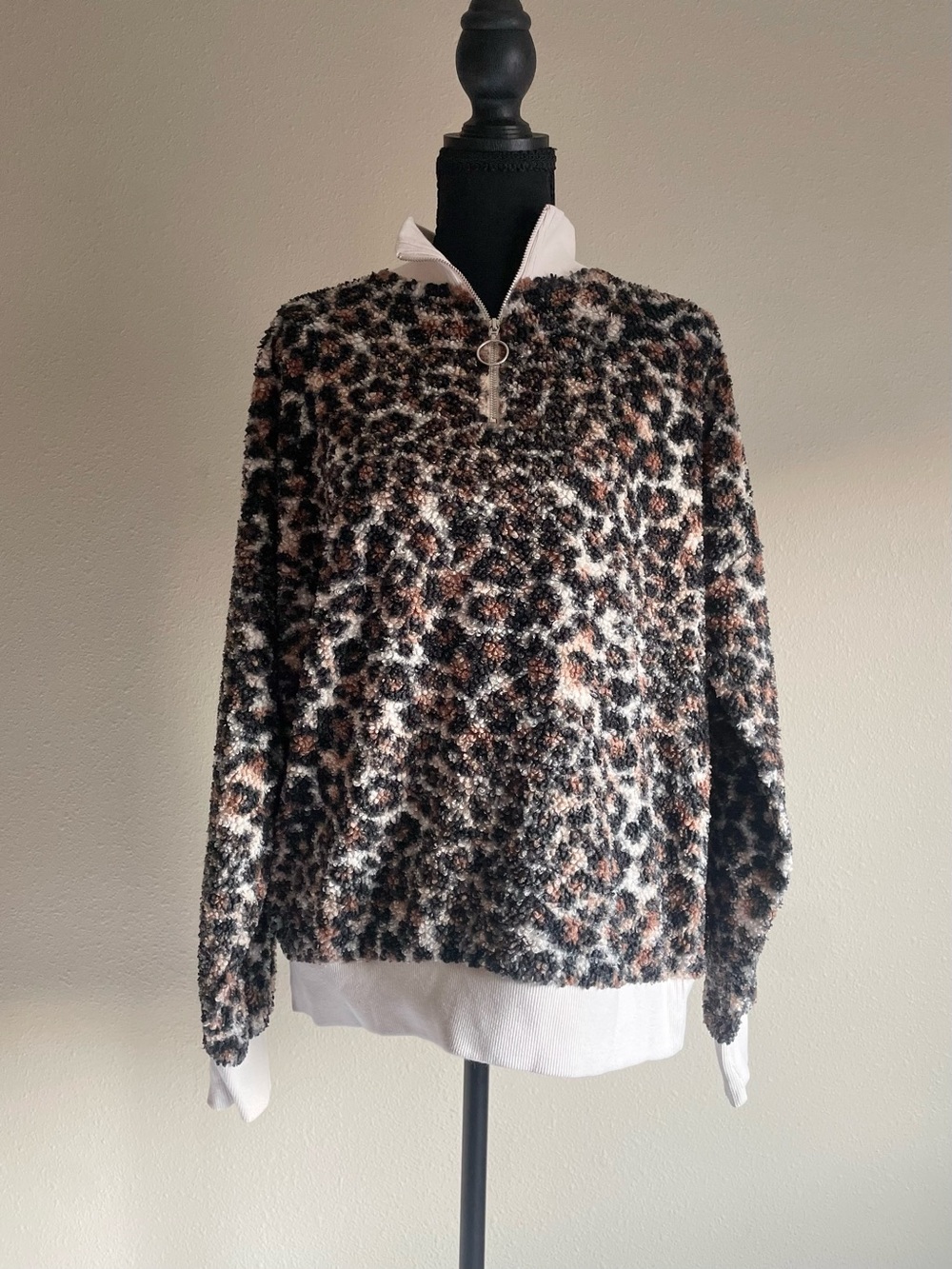 SO Ladies Leopard Animal Print Quarter-Zip Pullover Sweater - Brown/Black/White